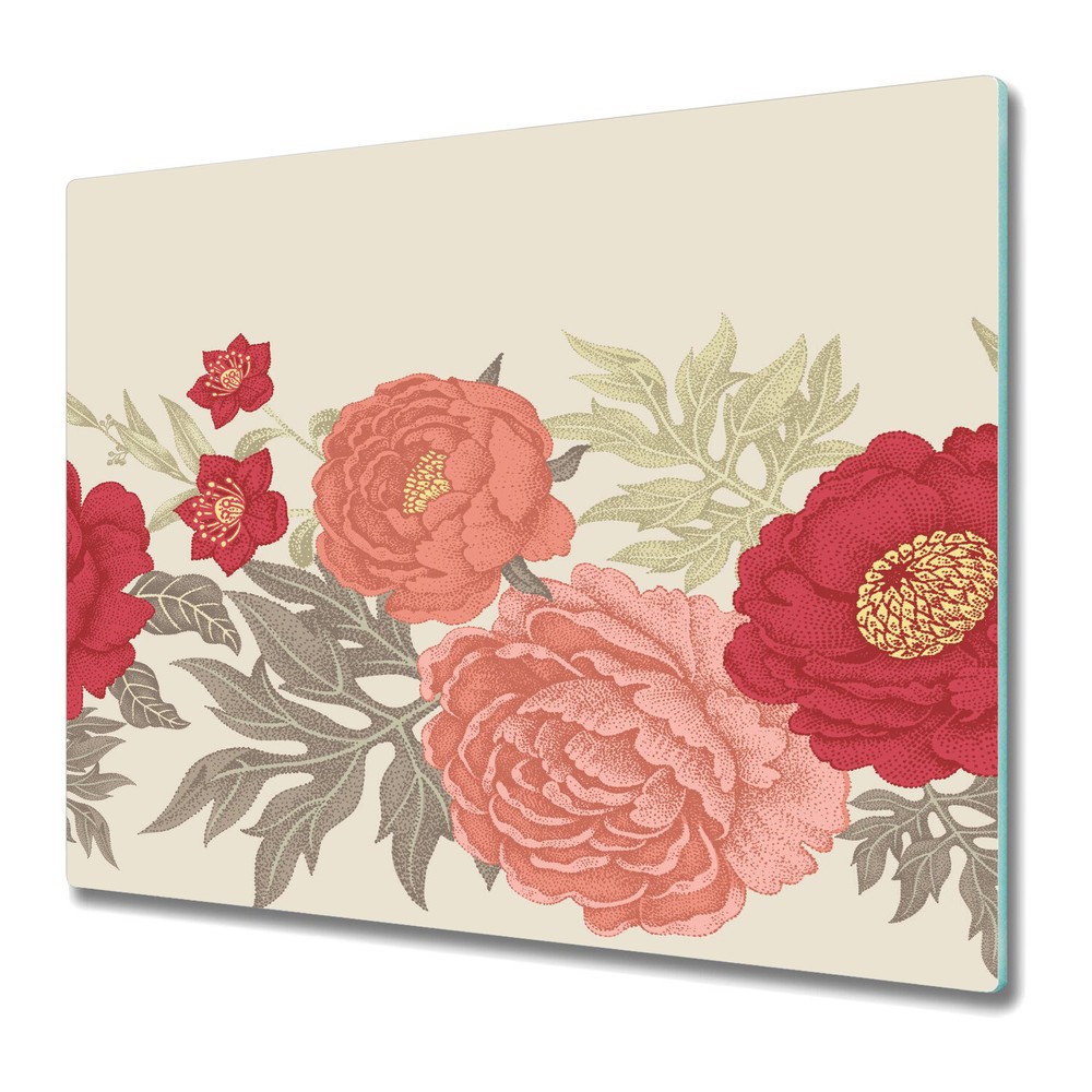 Glass Induction Ceramic Hob Cover Vintage Peonies floral paper retro Home 60x52