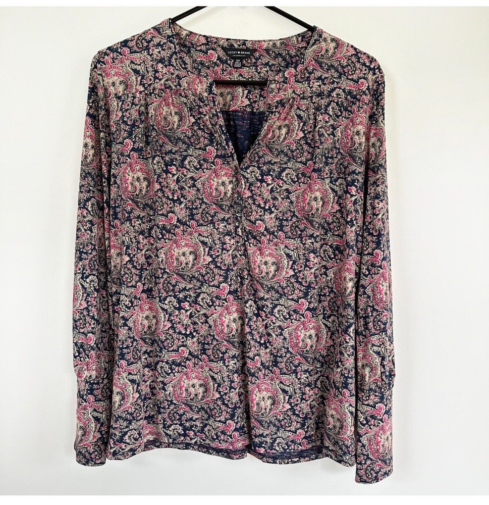 Lucky Brand Bohemian Paisley Print 1/2 Button Front Henley Long Sleeve Blouse L