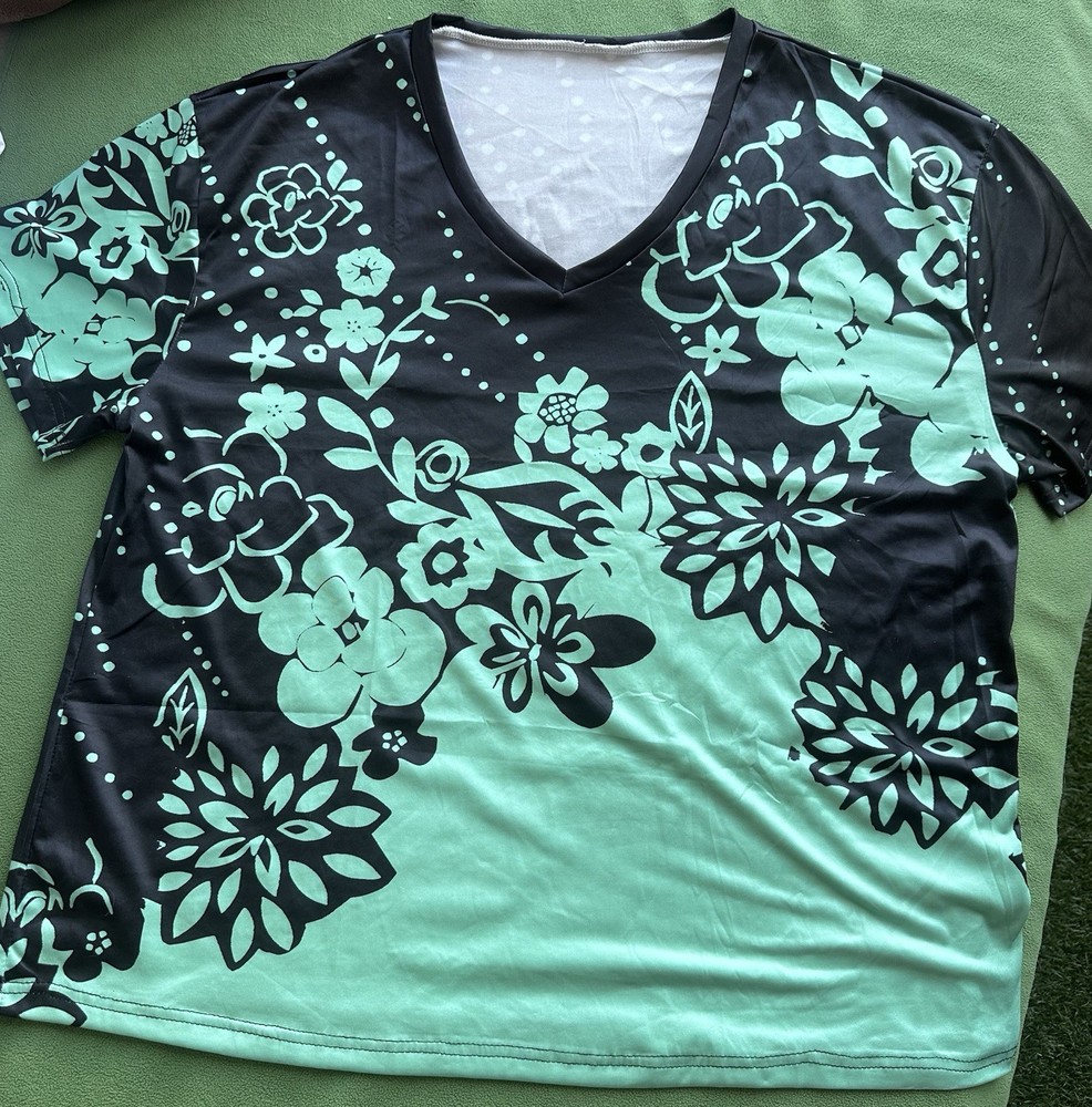 Floral V-Neck Short Sleeve Blouse Mint Green & Black Women's XXL