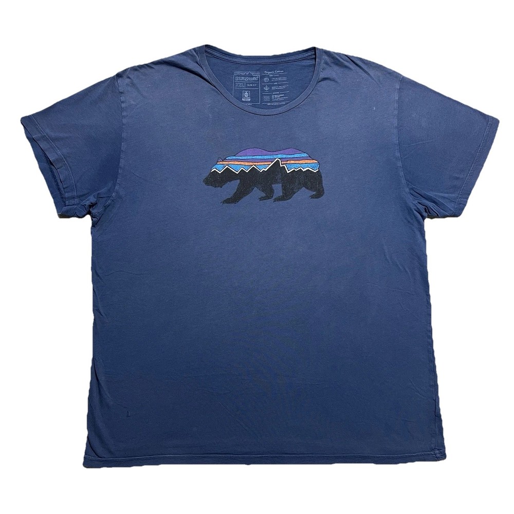 Patagonia Bear Logo Tee Mens 2XL Blue Organic Cotton Outdoor Shirt