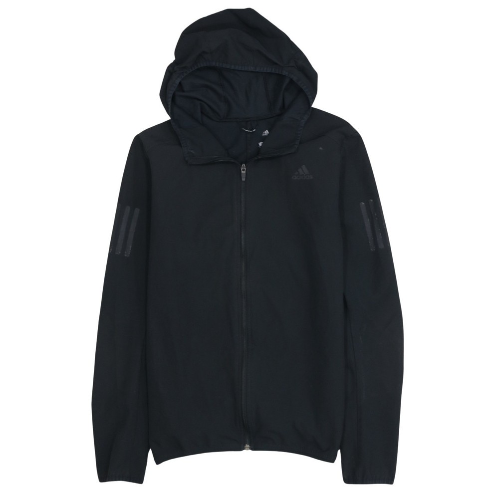 Adidas Mens Windbreaker Jacket Black Hooded Full Zip Three Stripe Logo Sport S