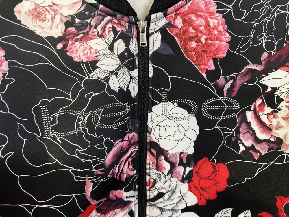BEBE Sport Women’s Jacket Size XL Pink & Red Floral w/ Black Zip Up Lightweight