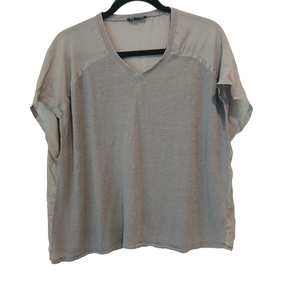 Eileen Fisher Linen Silk Top Popover Shirt Small Gray Lagenlook V-Neck