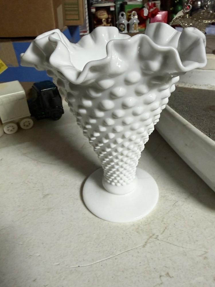 Vintage Fenton White Milk Glass Hobnail 7.5”  Trumpet Vase Ruffled Edge..
