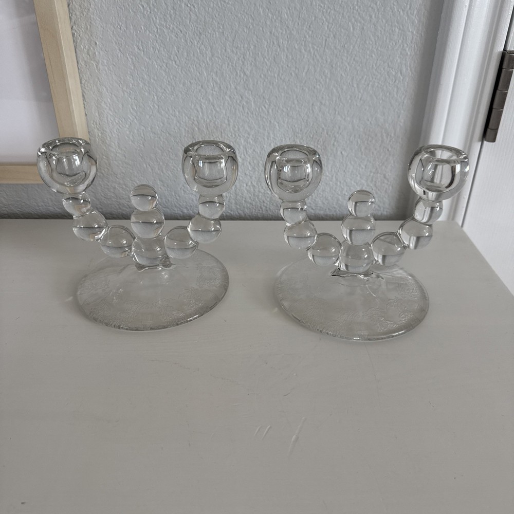 Pair Vintage MCM Paden City Glass Double Candelabra Taper Candle Holders Crystal