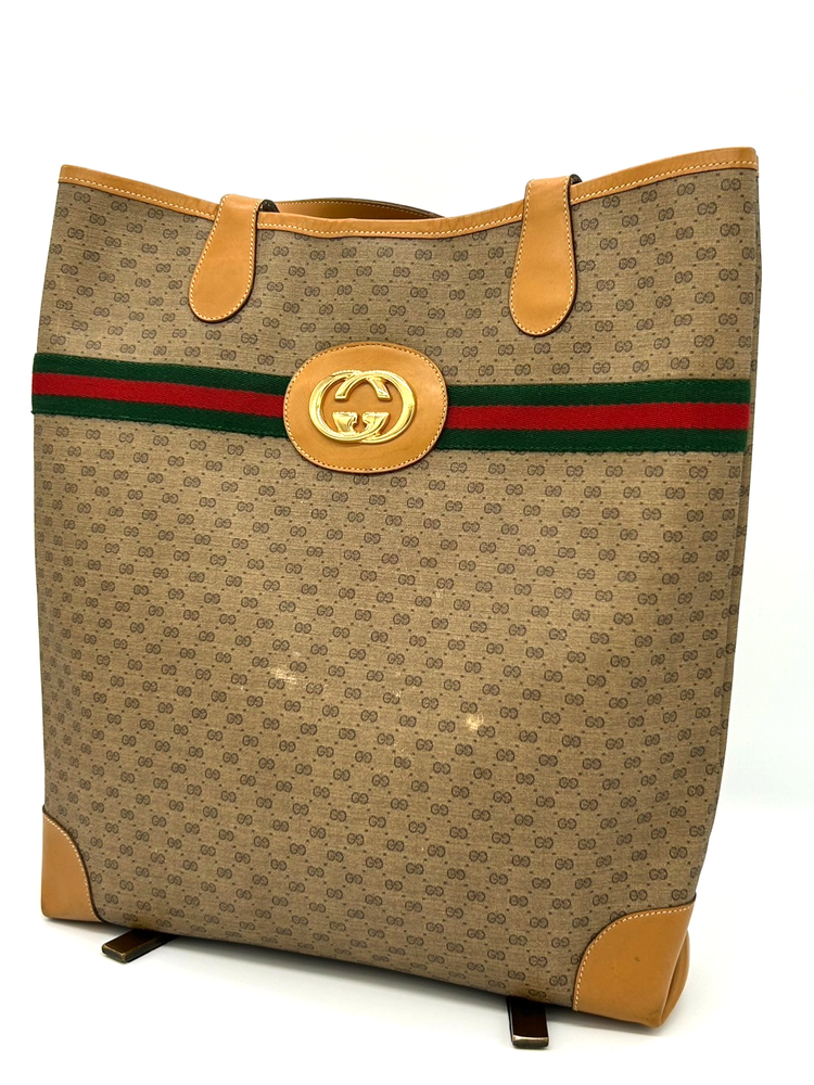 Vintage GUCCI Micro GG Sherry Line Brown PVC Leather Tote Shoulder Bag Authentic