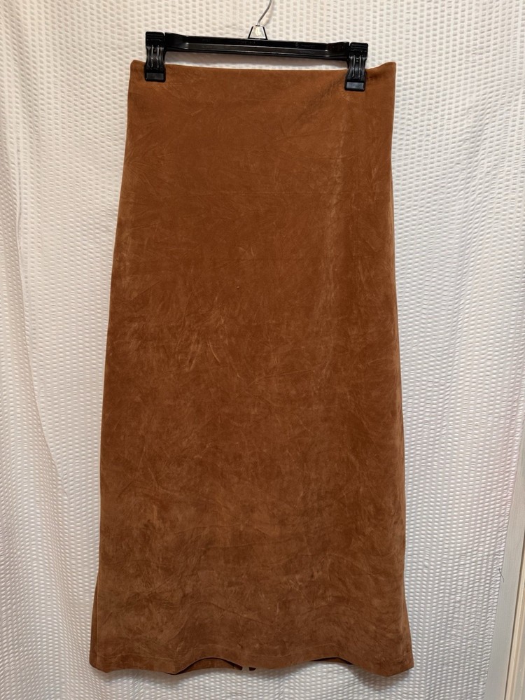 Suede Midi Skirt with Elastic Waist and Back Slit