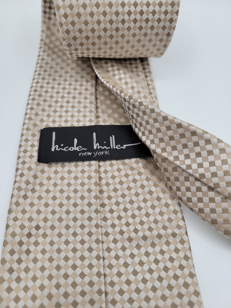 NICOLE MILLER Silk Tie Solid Checkered Beige Tan Designer Woven Tie | M011