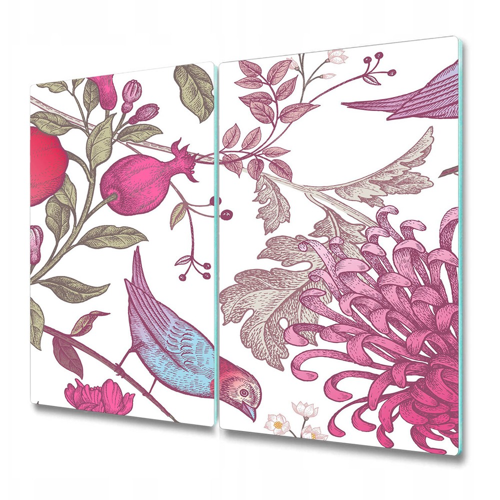 Glass Induction Cover Flowers Floral pomegranates birds Nature 2x30x52