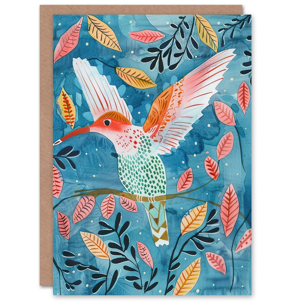 Greeting Card Hummingbird Folk Art Pink Blue Orange Watercolour Birthday