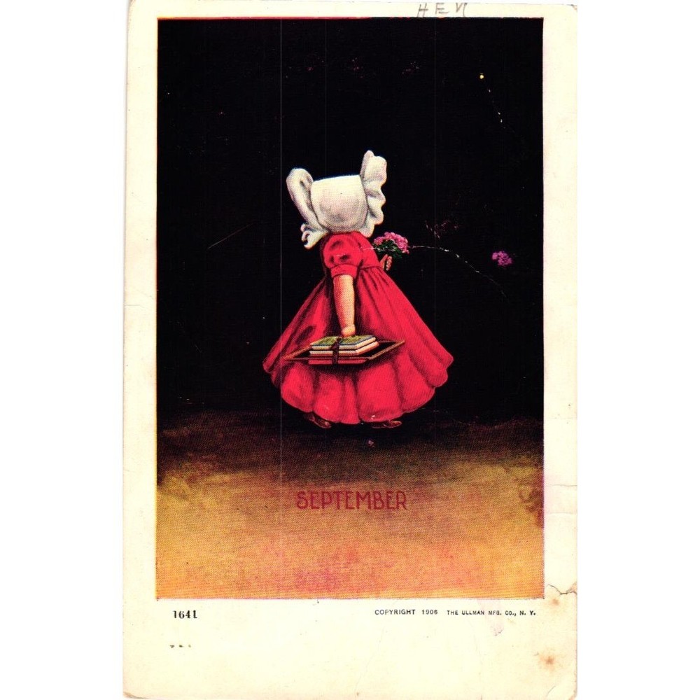 Vintage 1906 Ullman Mfg Co September Postcard School Girl Red Dress Sunbonnet PA
