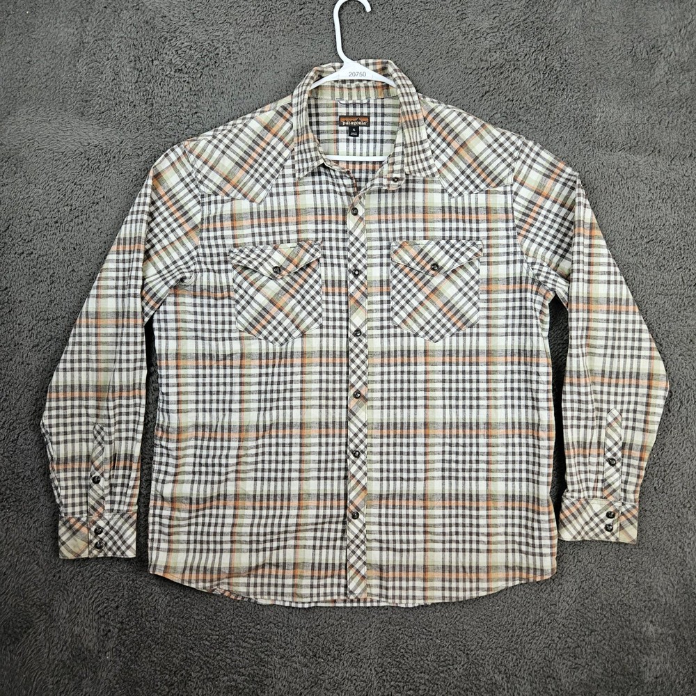Patagonia Mens XL Western Snap Front Plaid Hemp Blend Shirt Brown Orange 53330