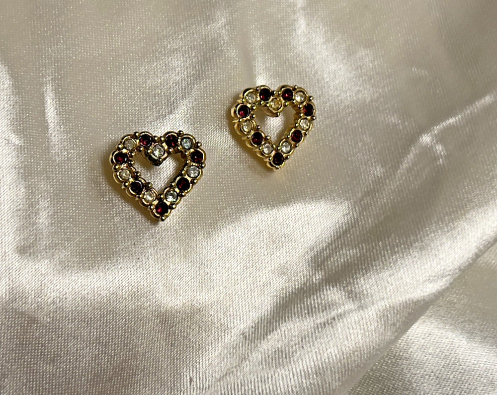 Vintage Avon Heart Earrings w/ Red & Clear Rhinestones