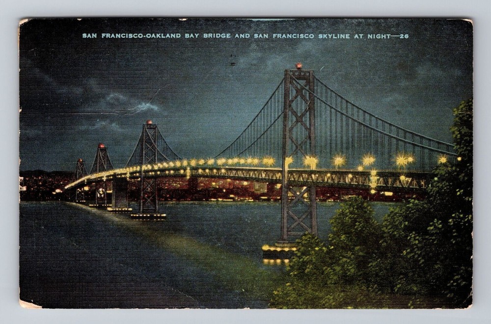 San Francisco CA-California Oakland Bay Bridge at Night Vintage Postcard