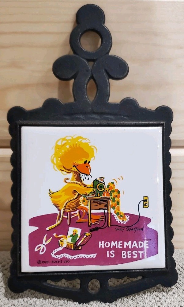 Vintage Suzy's Zoo Ceramic Tile With Cast iron Trivet