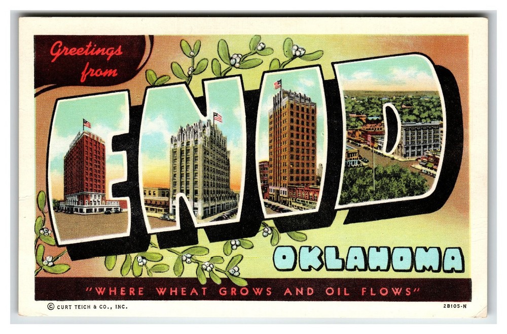 Vintage Greetings From Enid Oklahoma Large Letter Linen Postcard by Curt Teich