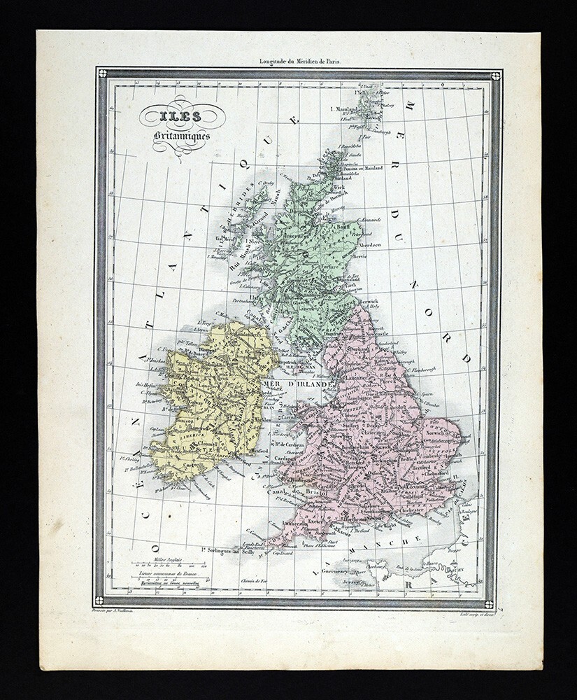 1850 Vuillemin Map British Isles United Kingdom England Scotland Ireland London