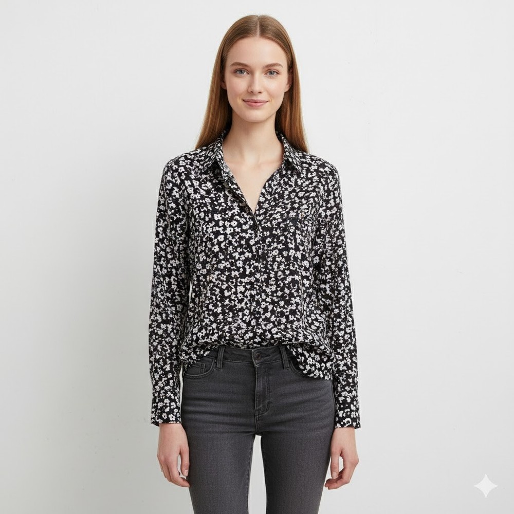 Candies Women’s Sz XL Black Floral Button Down Tie Long Sleeve Blouse Shear