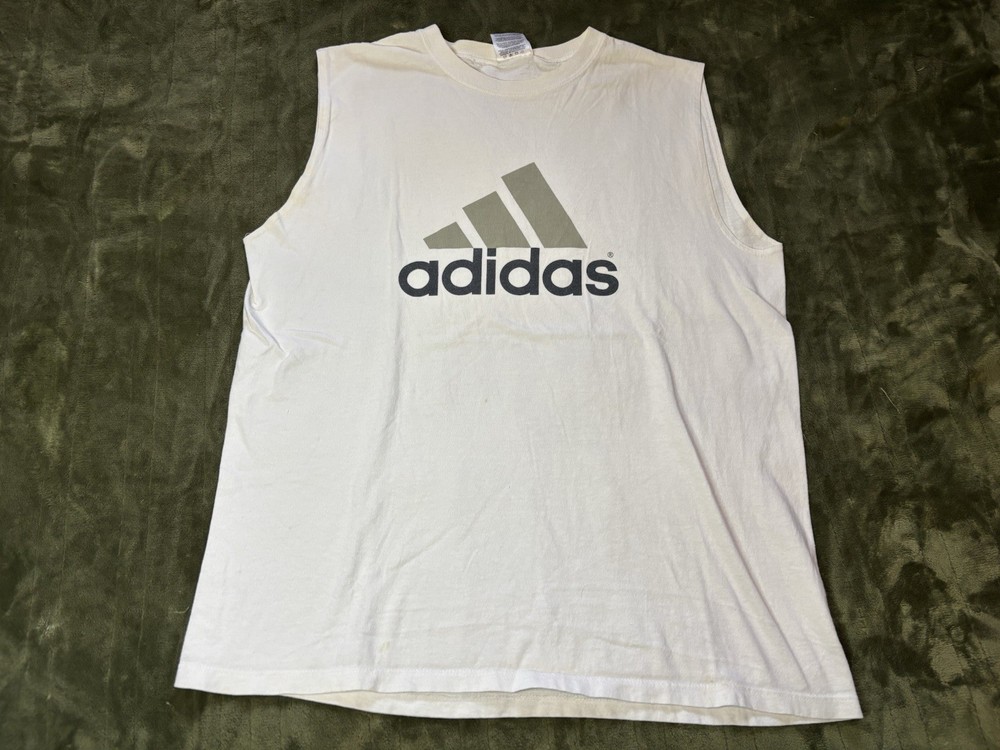 Vintage Adidas Shirt Mens Large White Sleeveless Tank 90s Made In USA