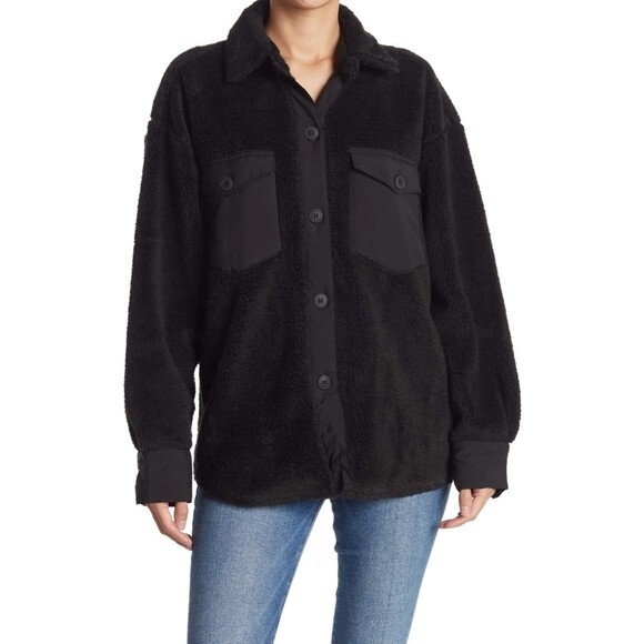 Abound Cozy Oversized Basic Fleece Shirt Jacket Shacket Black Button Front S M