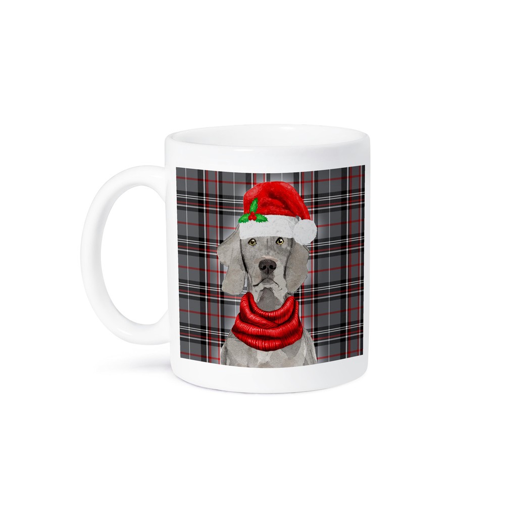 Cute Weimaraner Dog Christmas Mug with Red and Grey Plaid Design