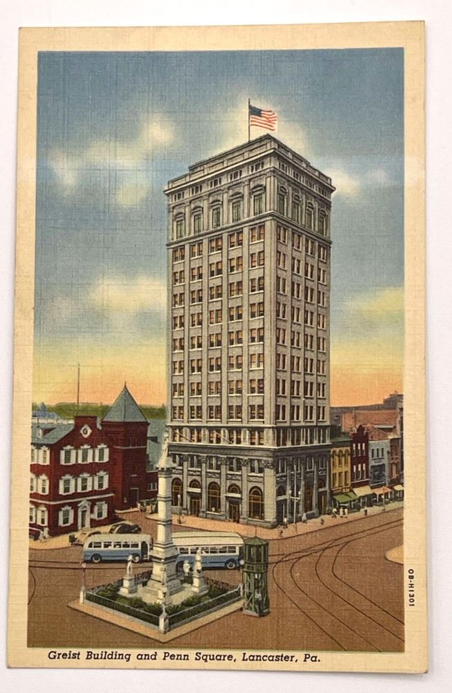 Vintage Greist Building & Penn Square Lancaster PA Linen Postcard