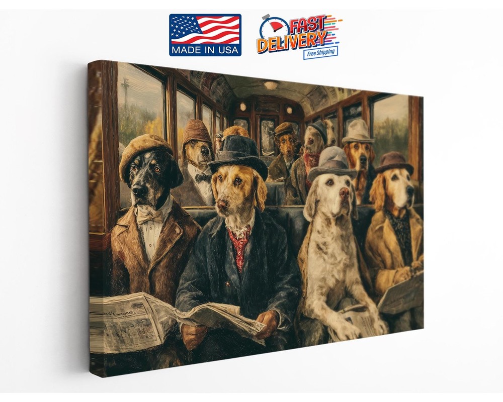 Dog Train Canvas Art Vintage Dog Portrait Print Framed Rolled Wall Decor