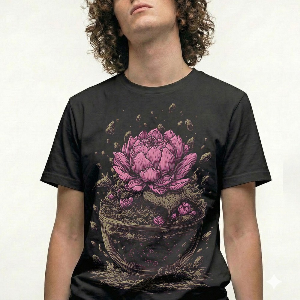 Pink Lotus Flower T-Shirt Blooming Water Bowl Meditation Yoga Nature Zen Gift