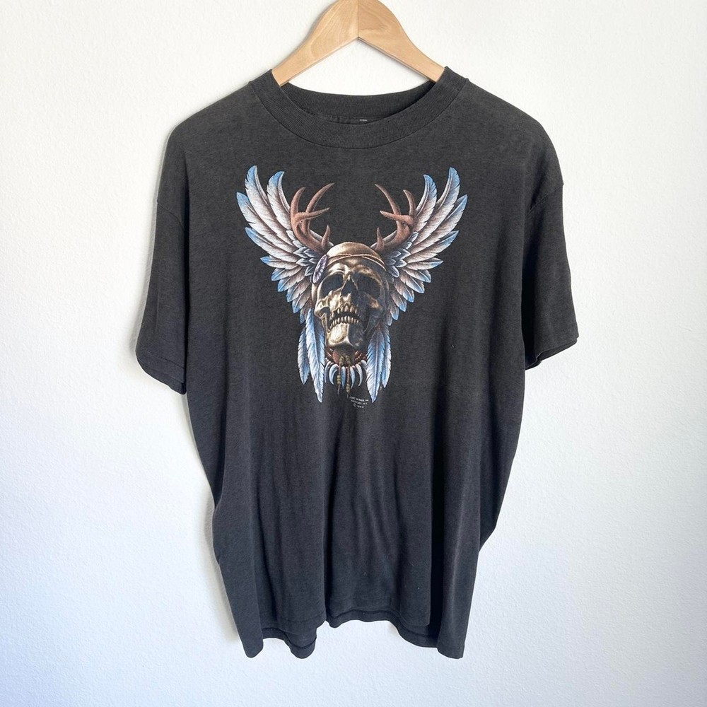 Vintage 80s 3d emblem native native Skull graphic T-Shirt harley davidson
