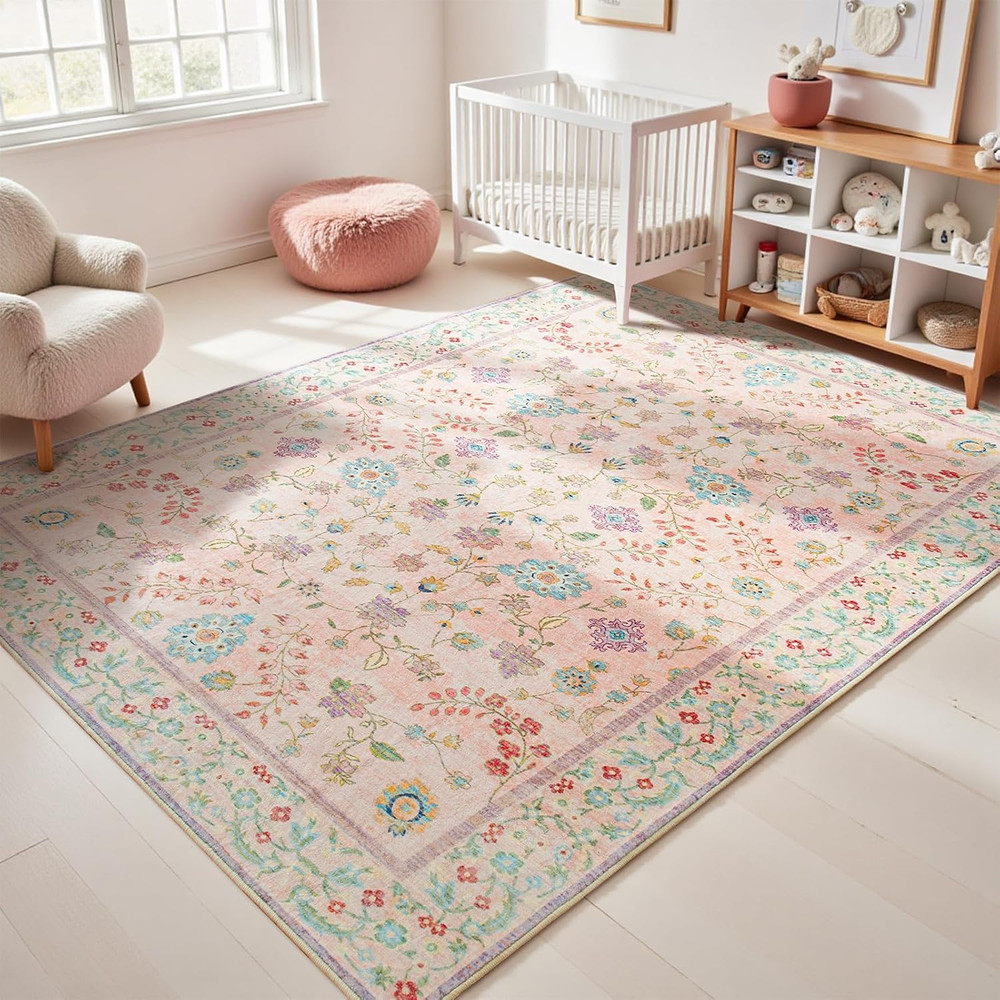 Pale Pink Rug for Girls Room, 4X6 Floral Washable Area Rug Non Slip, Boho Low Pi