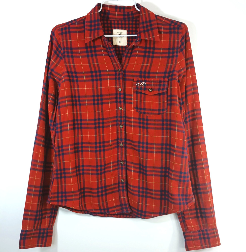 Hollister Womens Medium Red Blue Plaid Flannel Button Up Long Sleeve Logo Y2K