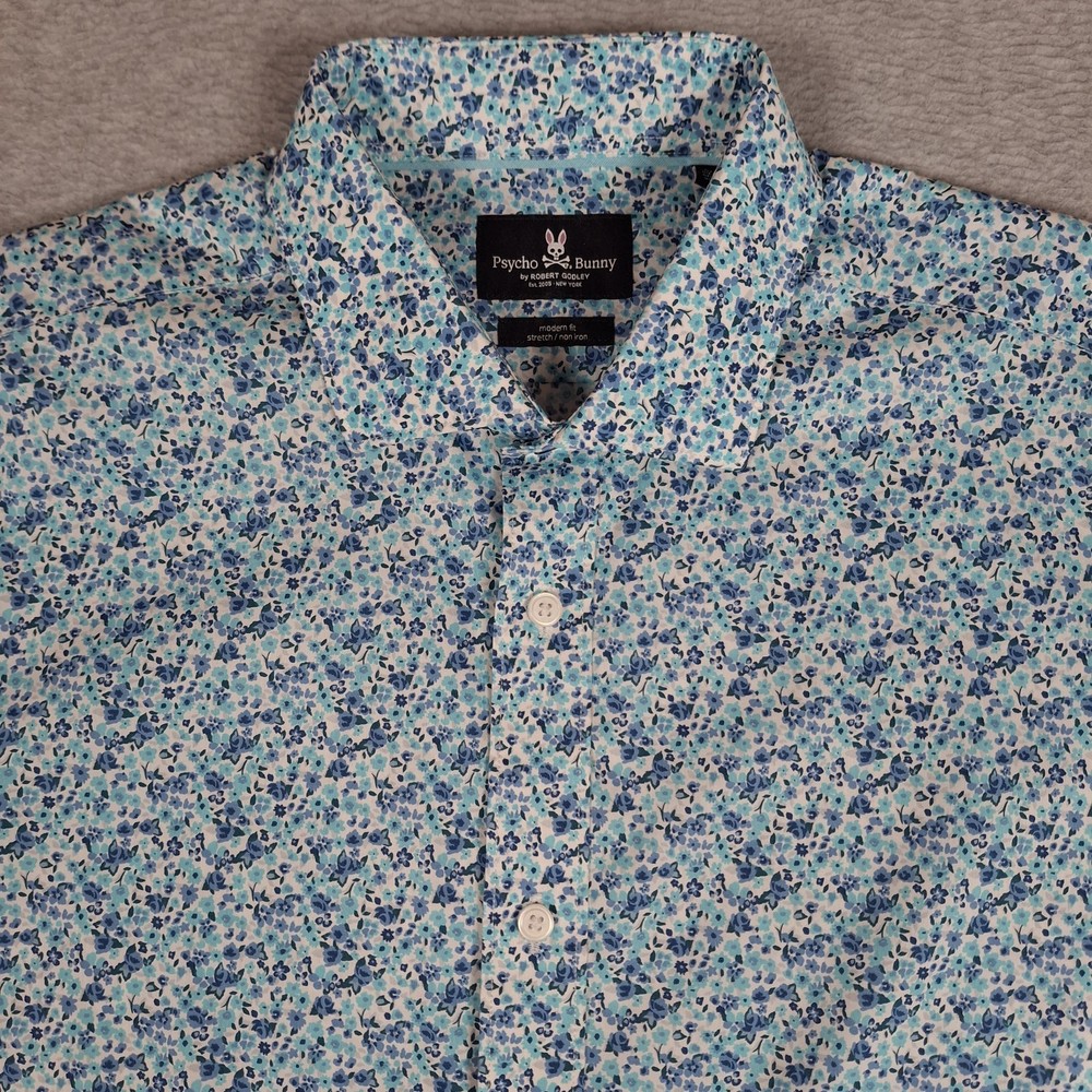 Psycho Bunny Button Up Shirt Mens 16 32/33 Blue White Floral Stretch Modern Fit