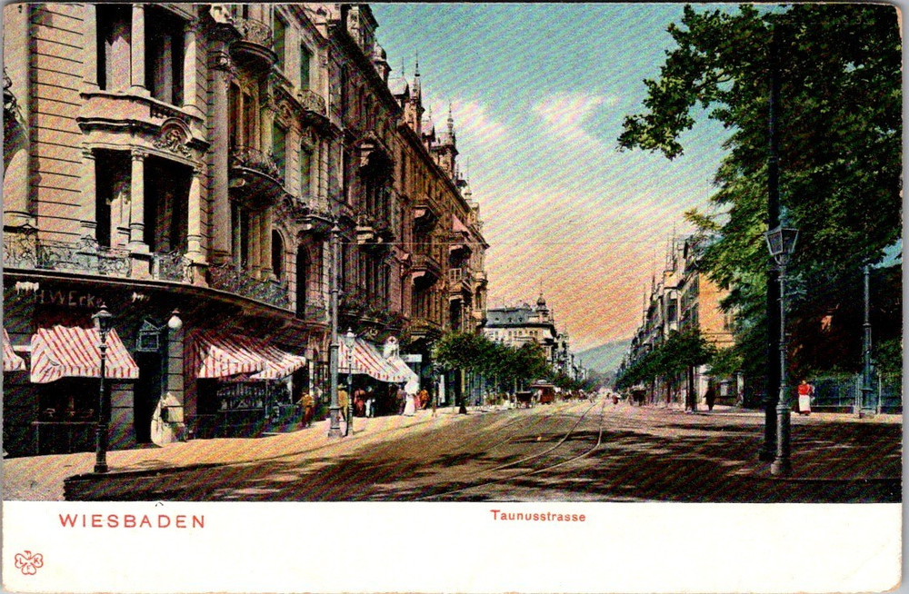 Antique Germany Postcard Wiesbaden Taunusstrasse Street Scene c.1910 L. Klemeni