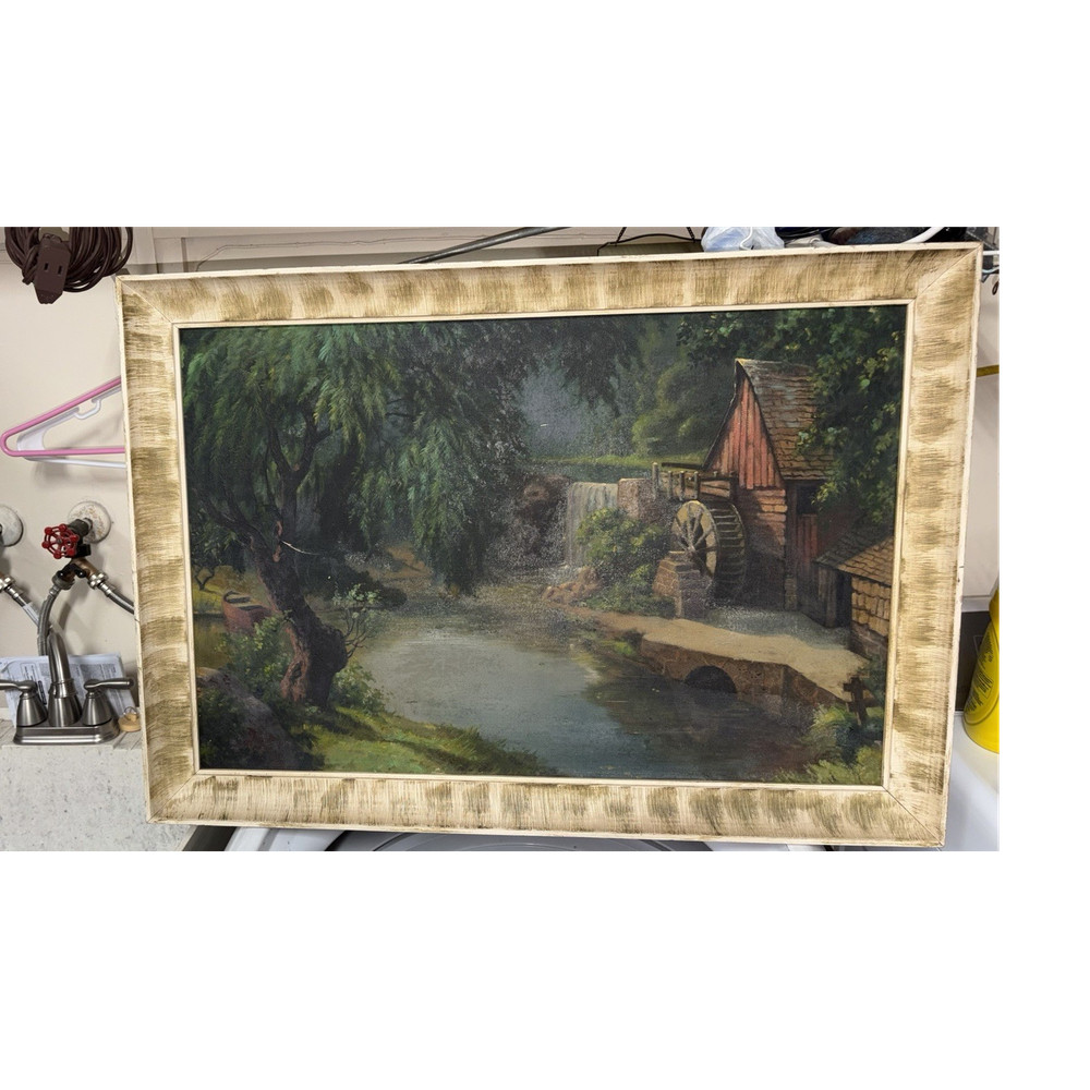L. Musolf Framed Realism Landscape Painting River Waterfall Watermill Signed