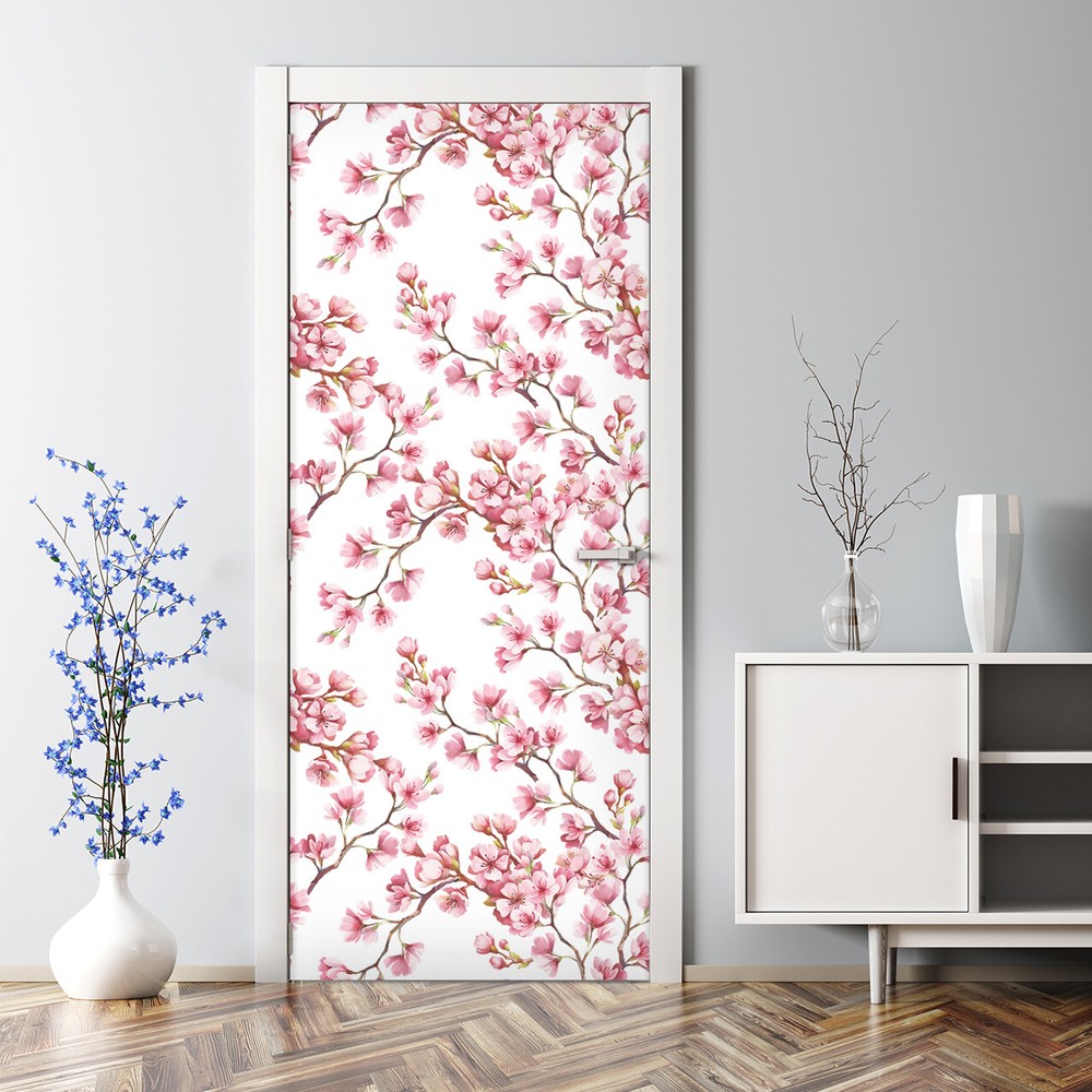 Cherry Blossom wall  Floral Bubble Free Door sticker Flowers mural Self-adhesive