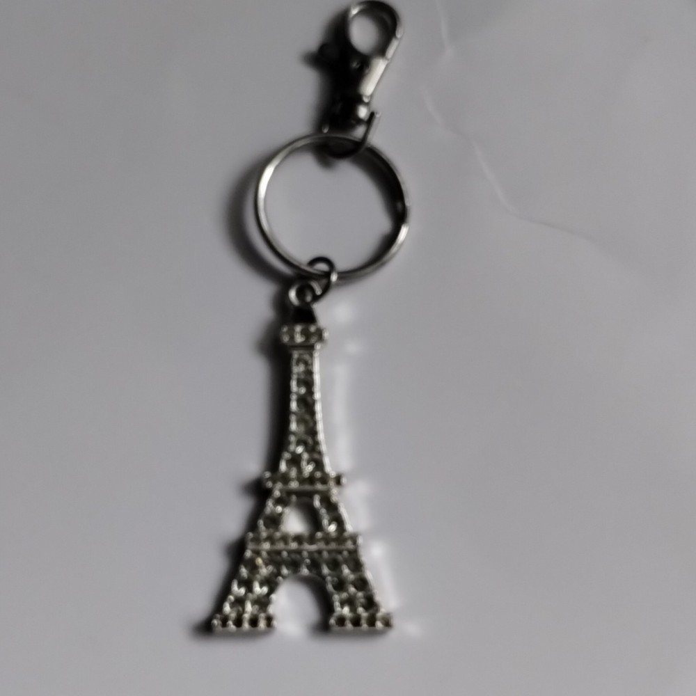 Silver Rhinestone Eiffel Tower Keychain Charm Metal w/ Carabiner Clip