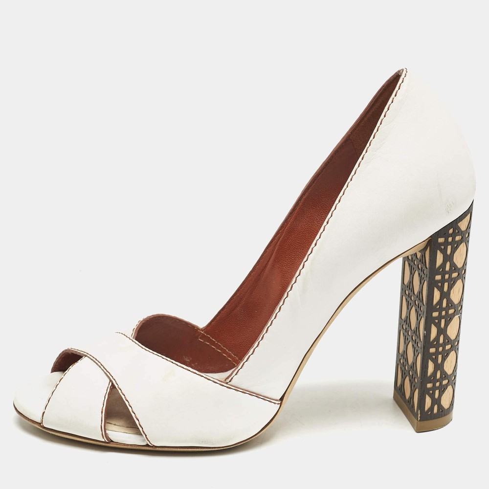 Dior White Leather Criss Cross Cannage Woodden Heel Open Toe Pumps Size 37.5
