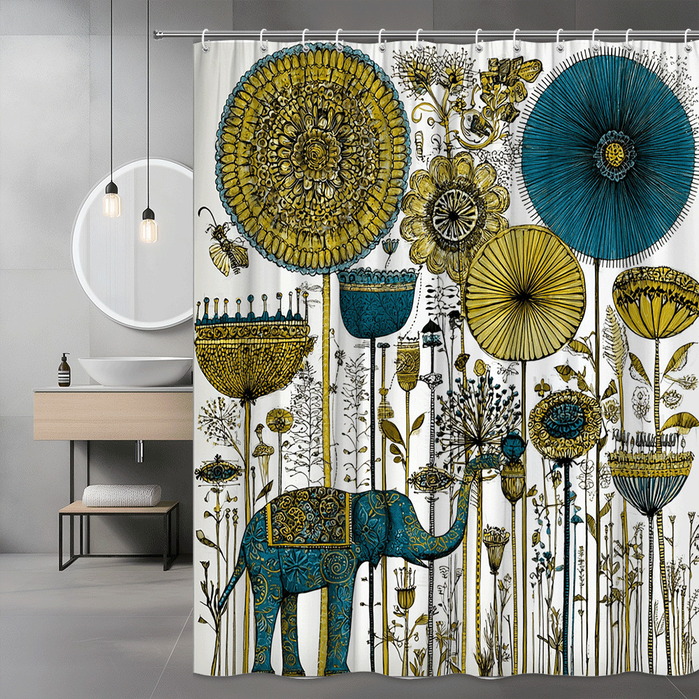 Elephant Floral Shower Curtain Blue Yellow Botanical Print