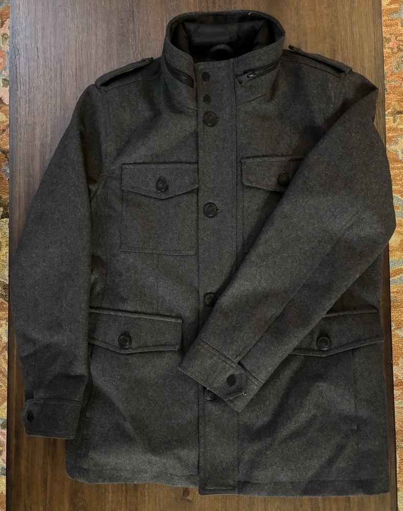 Wool Coat Charcoal Gray Men's Winter Jacket Lined Button and Zip Size Large