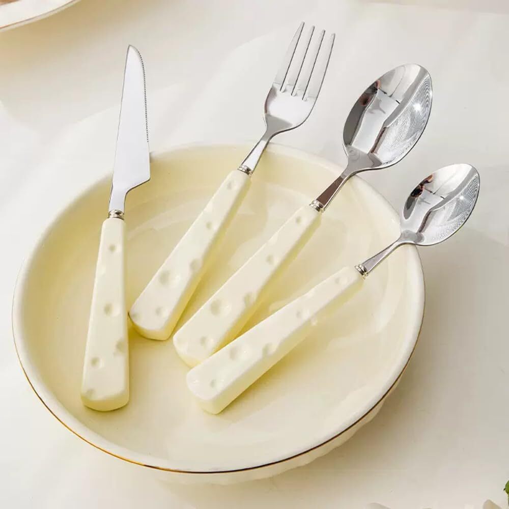 4Pcs Stainless Steel Flatware Set - Creative Cheese-shaped Ceramic Handle For...