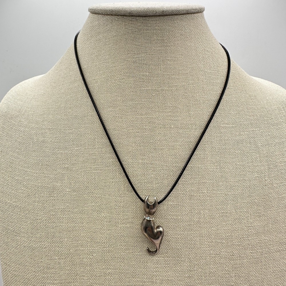 Vintage 90s Silver Tone Cat Pendant Necklace Glass Collar Black Cord Whimsical