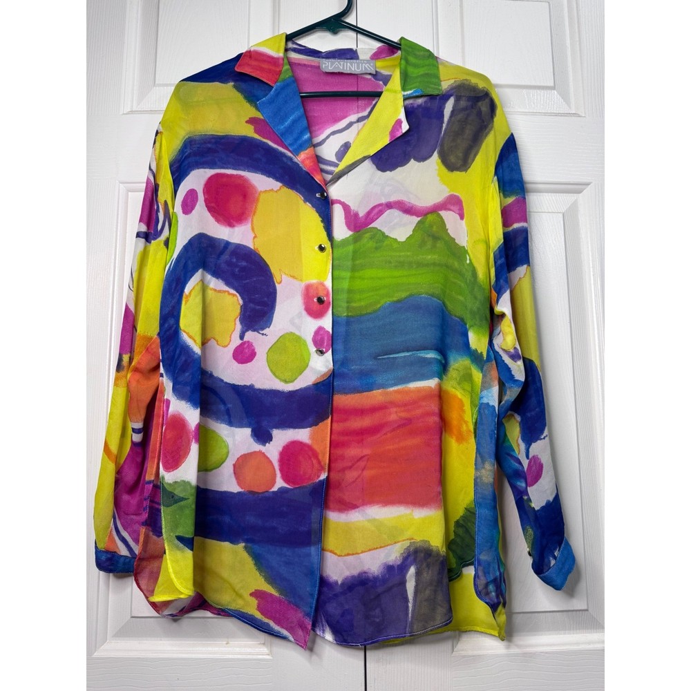 VTG Dorothy Schoelen Platinum Abstract Print Button Up Blouse Colorful Art Large