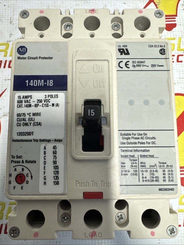 Allen-Bradley 140M-I8P-C15S-M 15A 3-Pole Motor Circuit Protector 600VAC / 250VDC