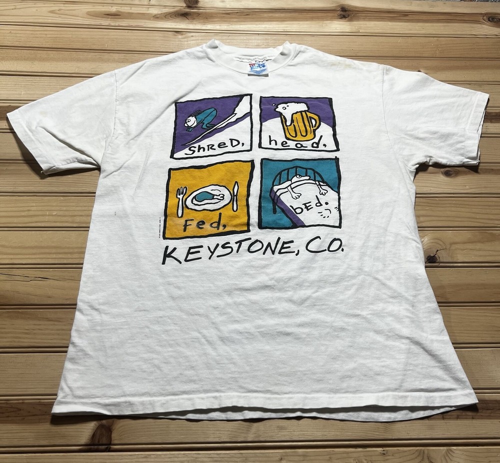 Vintage 90s Keystone Colorado Ski Shred Head Fed Bed Art Shirt Size Large