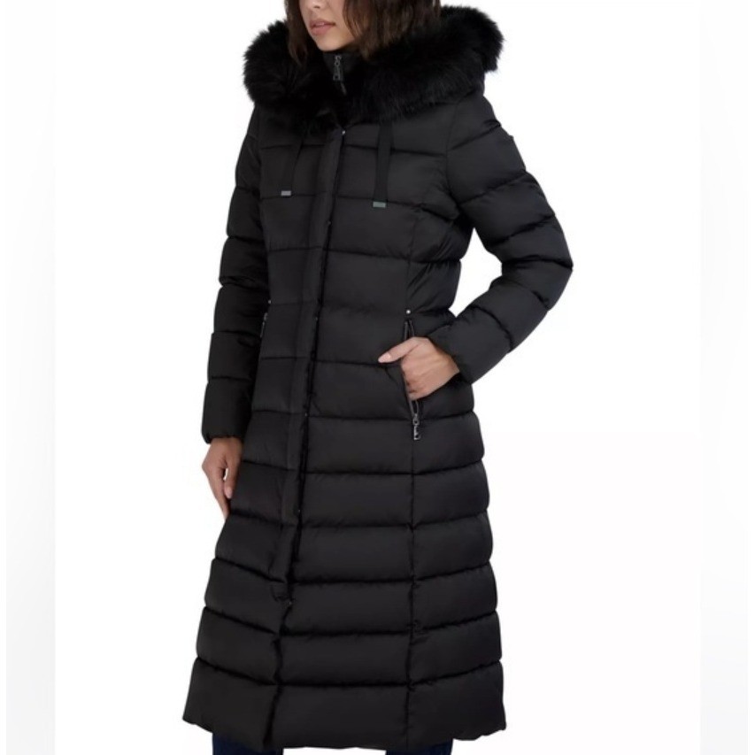TAHARI Black Maxi Puffer Coat with Faux Fur Trim Hood in Size Small
