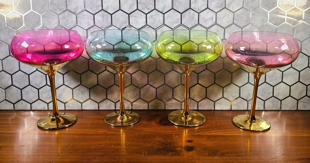 Colorful & Gold Gilded Coupe Cocktail Glassware, Hot Pink , Blue, Green , Pink
