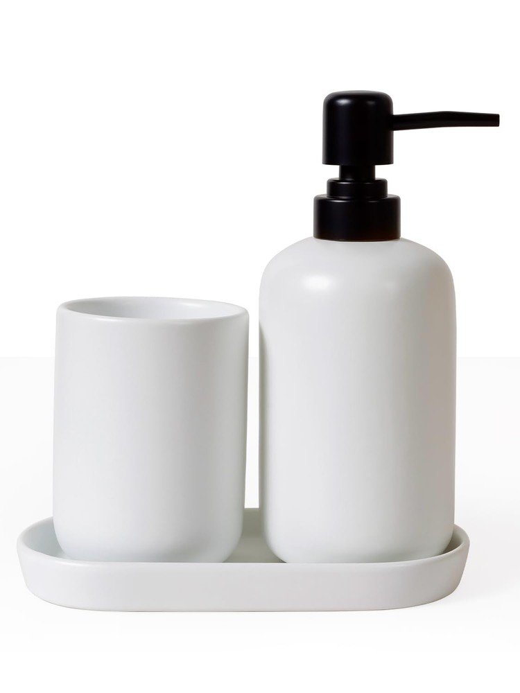 3 Pcs Ceramic Bathroom Accessory Set - Liquid Soap Dispenser, Toothbrush Hold...