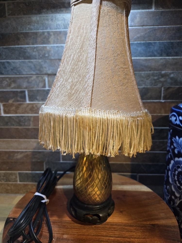 Vintage Brass Pineapple Table Counter Lamp With Fringed Beige Shade 12