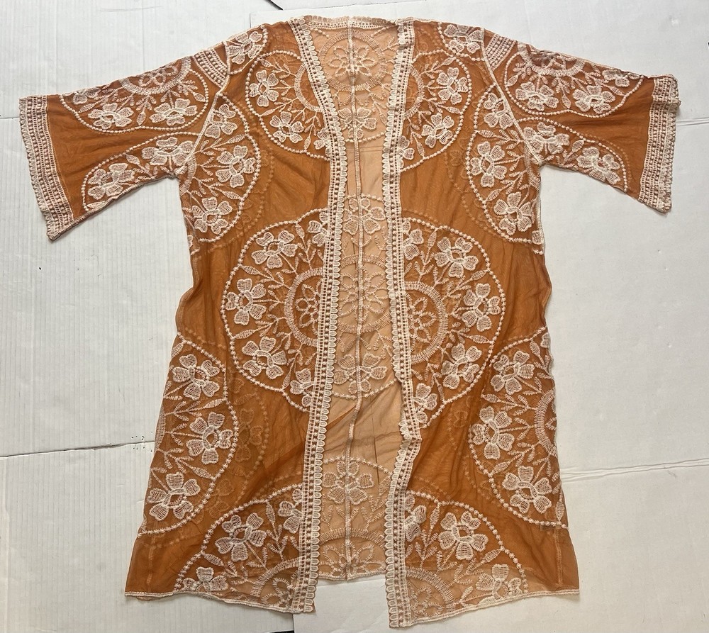 Boho Embroidered Lace Mesh Duster Cardigan Cover Up Kimono One Size