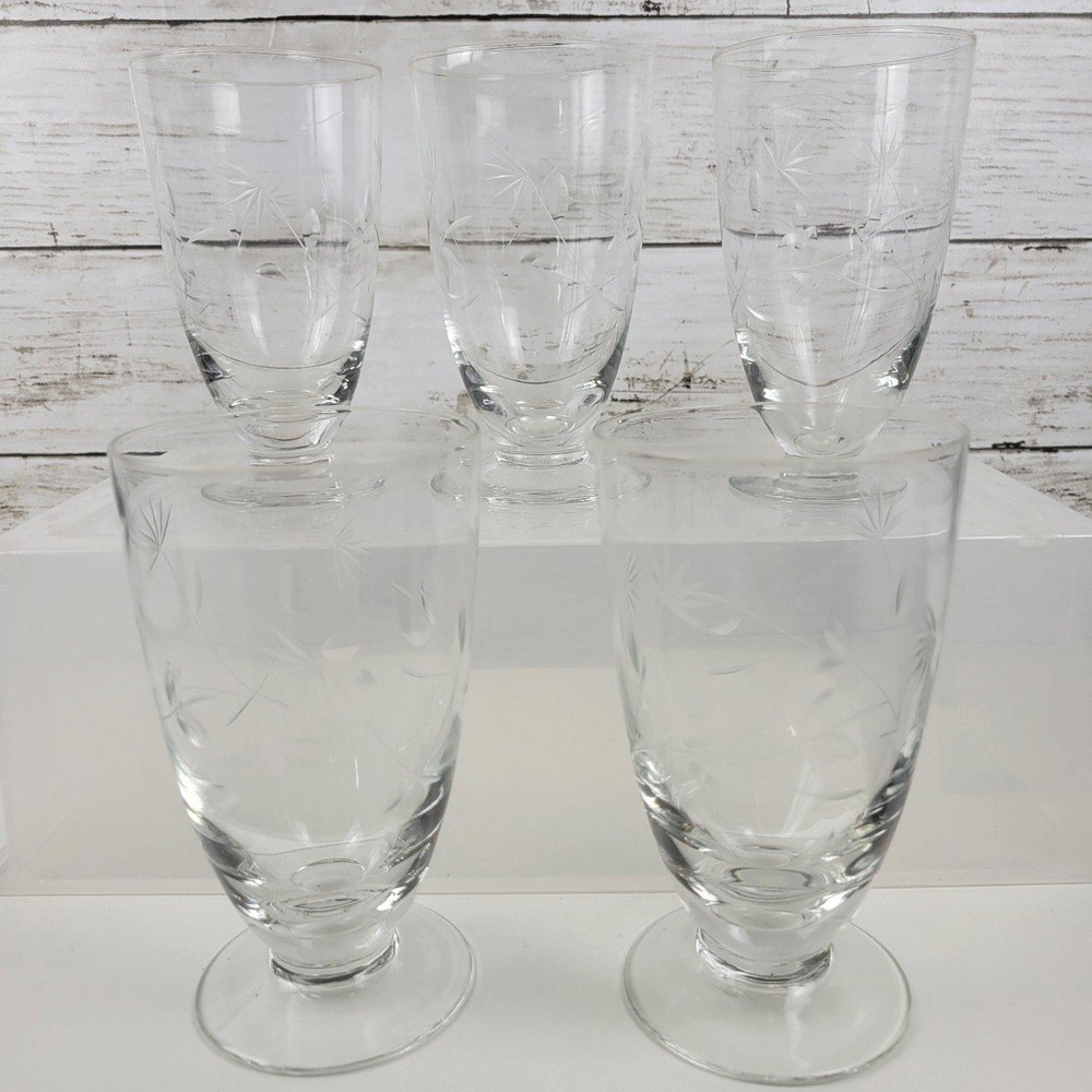 Vintage Etched Crystal Iced Tea Glasses Footed Set of 5